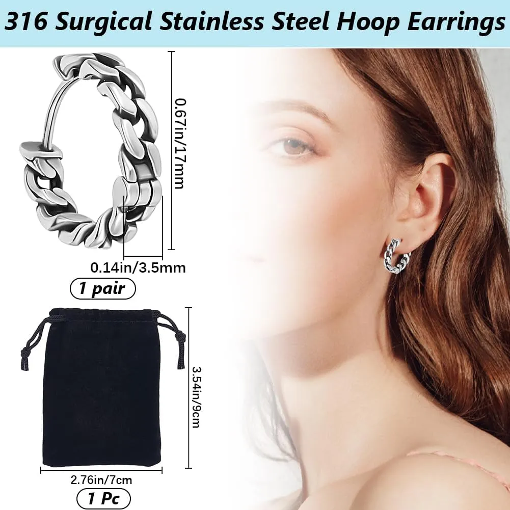 Beebeecraft 2Pcs 316 Surgical Stainless Steel Hoop Earrings with Velvet Pouch Chunky Small 17mm Hollow Vintage Antique Silver Lightweight Skull Hoops Rings Earring for Women Men Earring Enthusiast