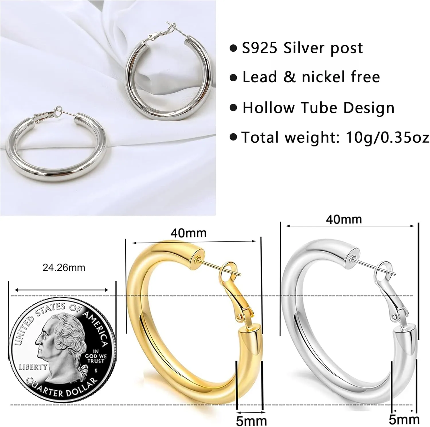 BMMYE 925 Sterling Silver Post Chunky Gold Hoop Earrings, 14K Gold Plated Earrings for Women Lightweight Hollow Tube 25mm-70mm