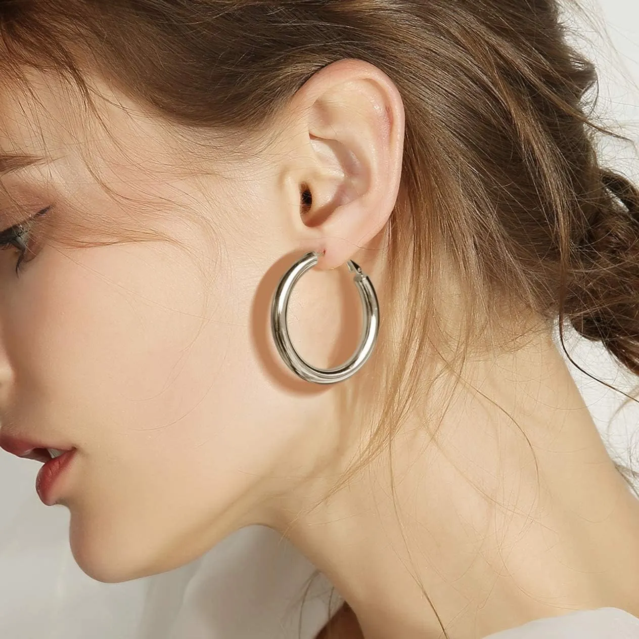 BMMYE 925 Sterling Silver Post Chunky Gold Hoop Earrings, 14K Gold Plated Earrings for Women Lightweight Hollow Tube 25mm-70mm