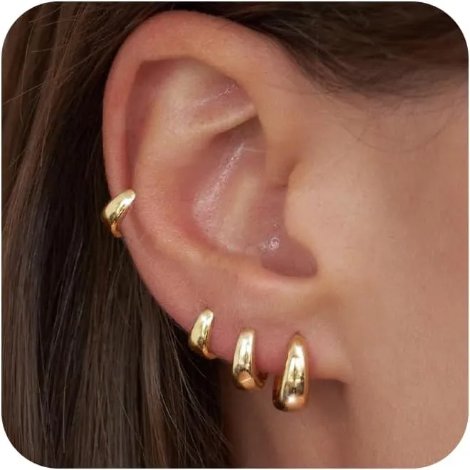 CHESKY 4 Pairs Small Gold Huggie Hoop Earrings for Women - Chunky 14K Gold Plated/Silver Lightweight Hypoallergenic Earring Stacks Cartilage Hoop Earrings Set for Multiple Piercing Trendy Jewelry