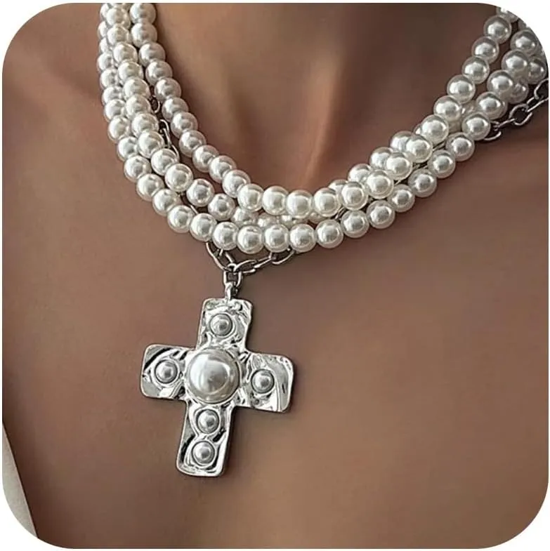 Chunky Gold Necklace Cross Statement Necklace for Women Layered Cross Necklaces Jewelry First Communion Gifts