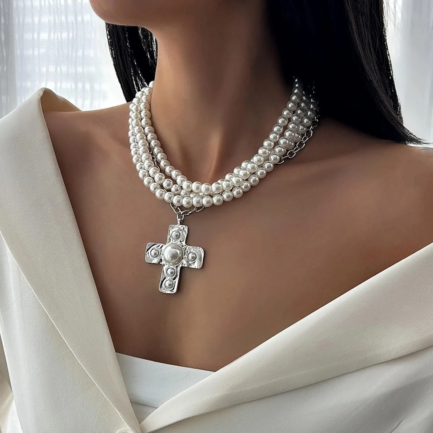 Chunky Gold Necklace Cross Statement Necklace for Women Layered Cross Necklaces Jewelry First Communion Gifts
