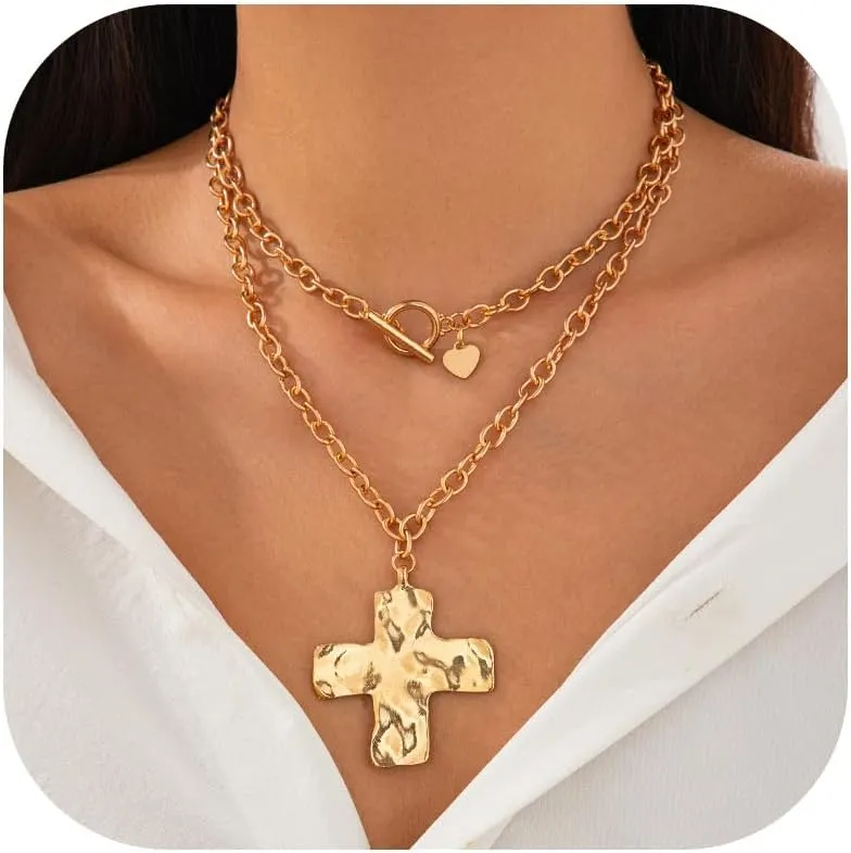 Chunky Gold Necklace Cross Statement Necklace for Women Layered Cross Necklaces Jewelry First Communion Gifts