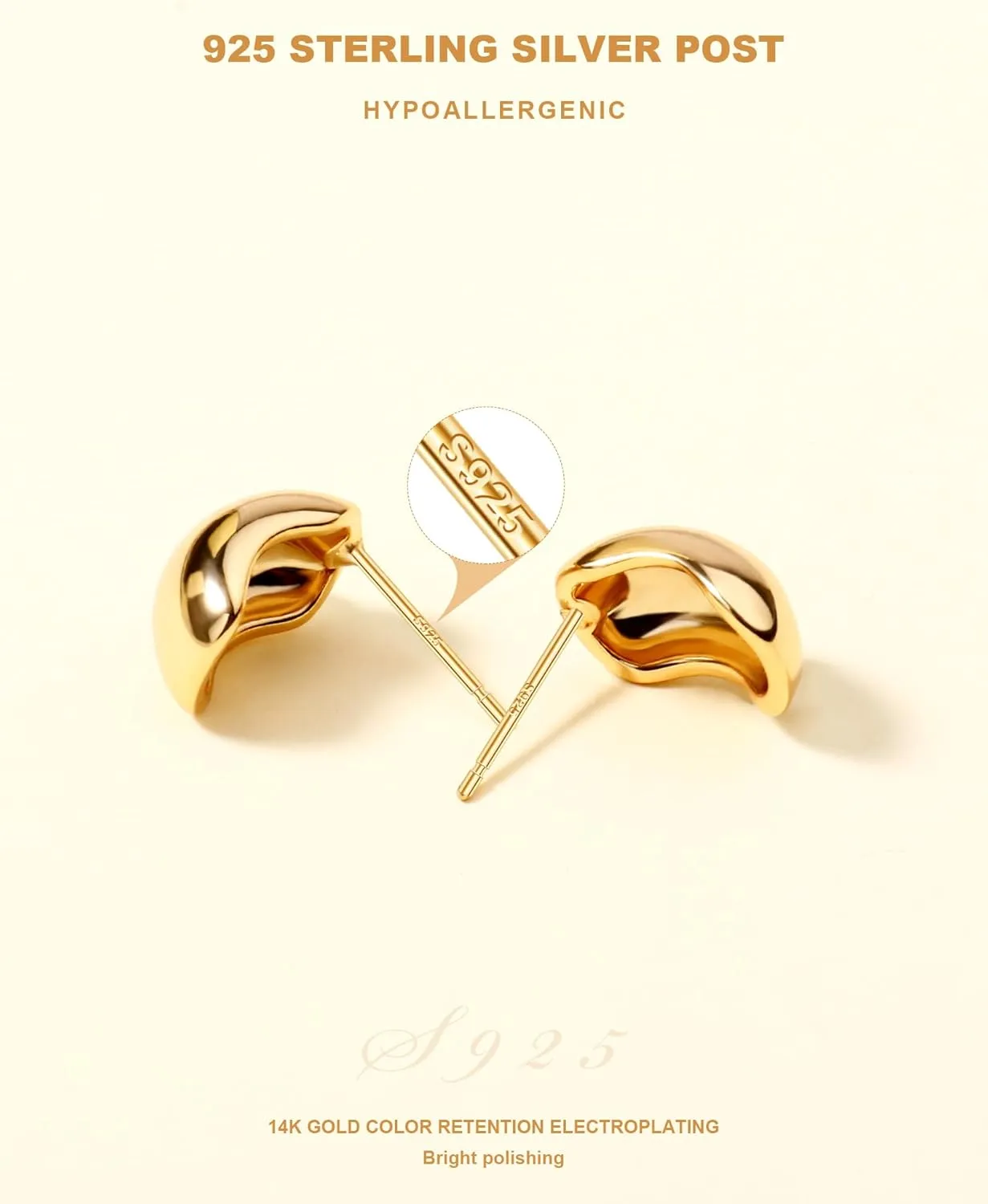 Chunky Gold Stud Earrings for Women 14K Gold Plated 925 Sterling Silver Brushed Half Ball Stud Earrings