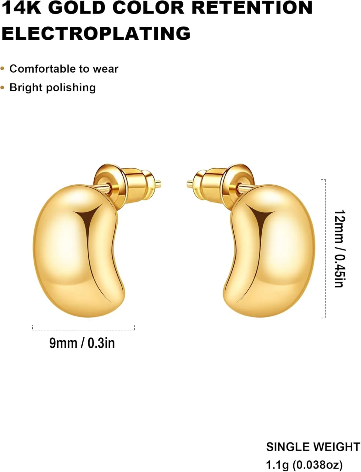Chunky Gold Stud Earrings for Women 14K Gold Plated 925 Sterling Silver Brushed Half Ball Stud Earrings