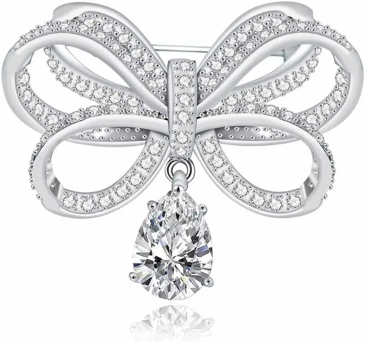 Classic Silver Tone Micro Pave CZ Triple Loop Ribbon Bow Brooches with Pear Drop