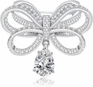 Classic Silver Tone Micro Pave CZ Triple Loop Ribbon Bow Brooches with Pear Drop