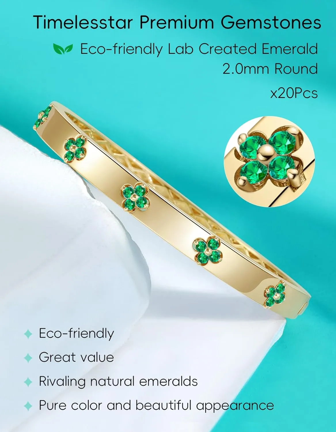 Clover Emerald/Moissanite Bracelets for Women Gifts | Premium Emerald and Moissanite (D Clolor VVS1 Clarity 3EX Cut) | S925 Sterling Silver Plated 18K Gold Stackable Non Tarnish