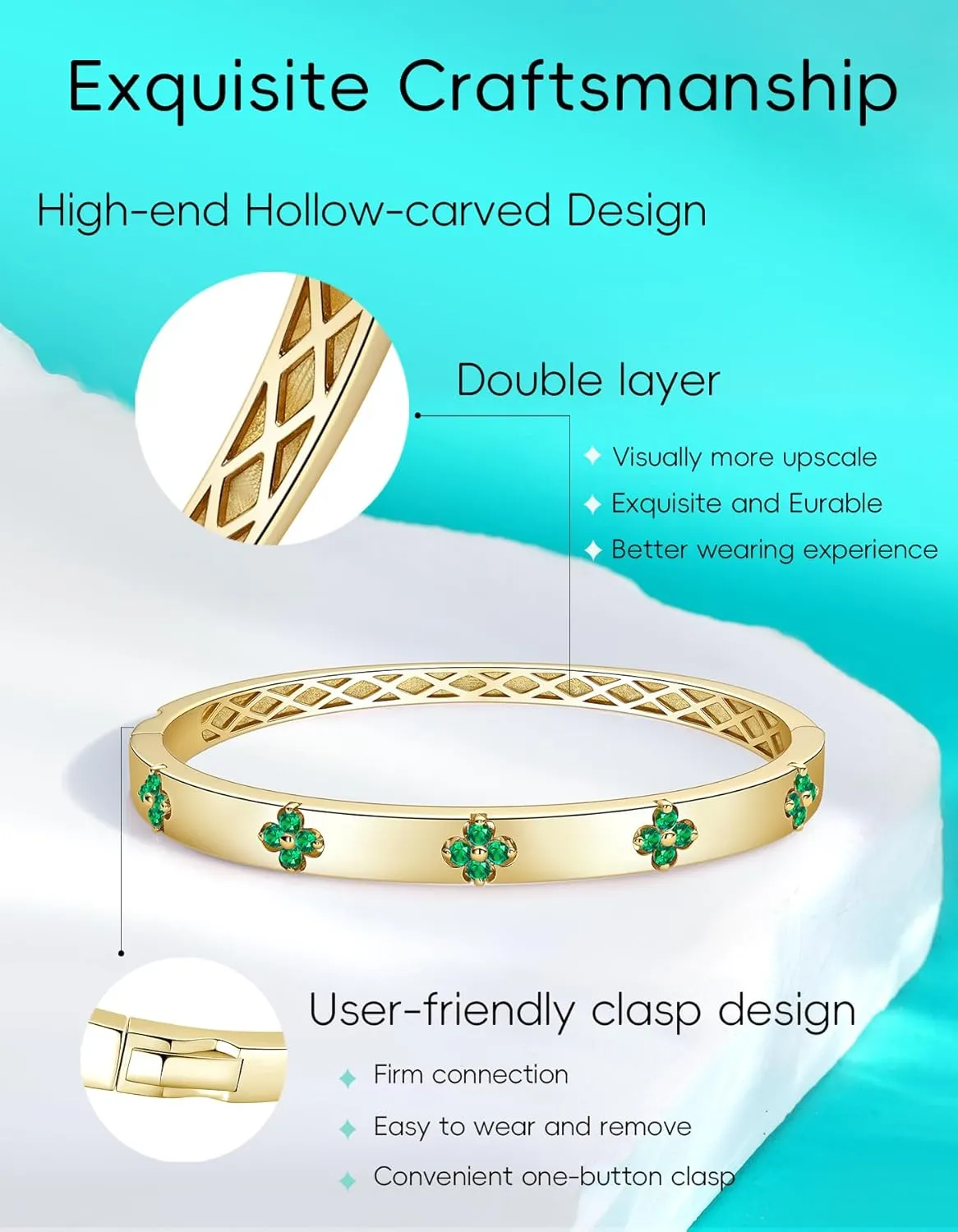 Clover Emerald/Moissanite Bracelets for Women Gifts | Premium Emerald and Moissanite (D Clolor VVS1 Clarity 3EX Cut) | S925 Sterling Silver Plated 18K Gold Stackable Non Tarnish