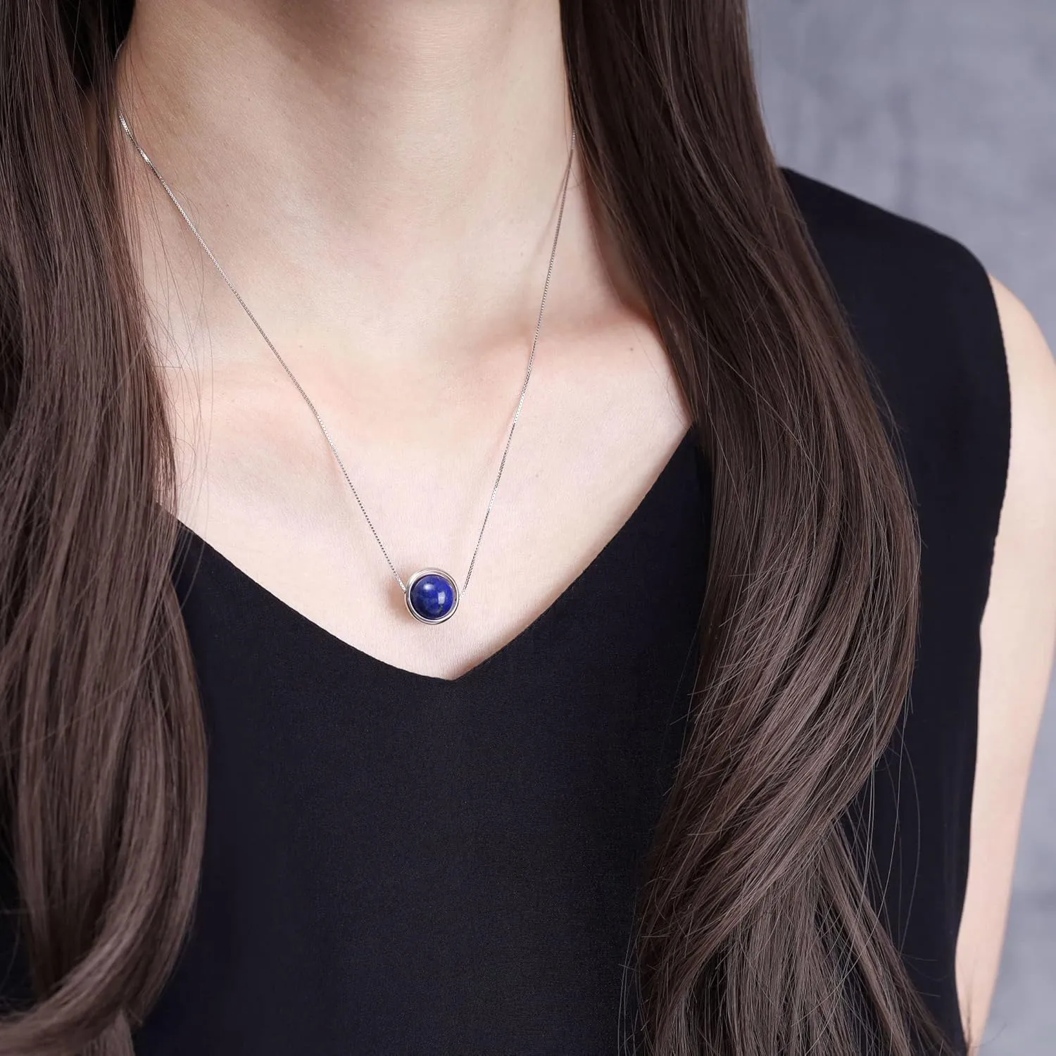 COAI Sterling Silver Necklace - Simple Bead Crystal Necklace with Moonstone, Lapis Lazuli or Malachite Stones