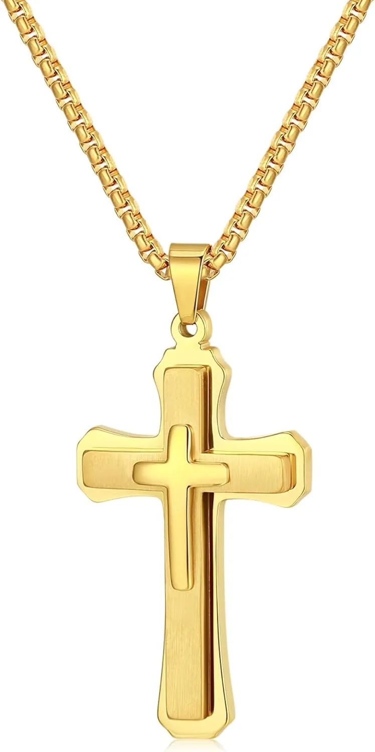 Cross Necklace for Men, Silver Gold Stainless Steel Mens Cross Chain, Cubic Zirconia Cross Pendant Necklaces Jewelry Gift Box Chain