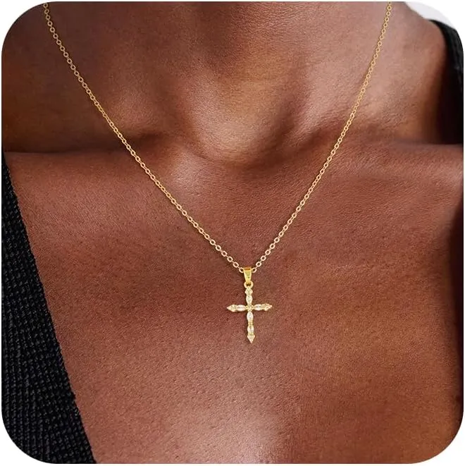 Cross Necklace for Women 14K Gold/Silver Plated Dainty Small Cross Pendant Choker Simple Trendy Cute Cross Charm Chain Necklace Religious Faith Jewelry Gift