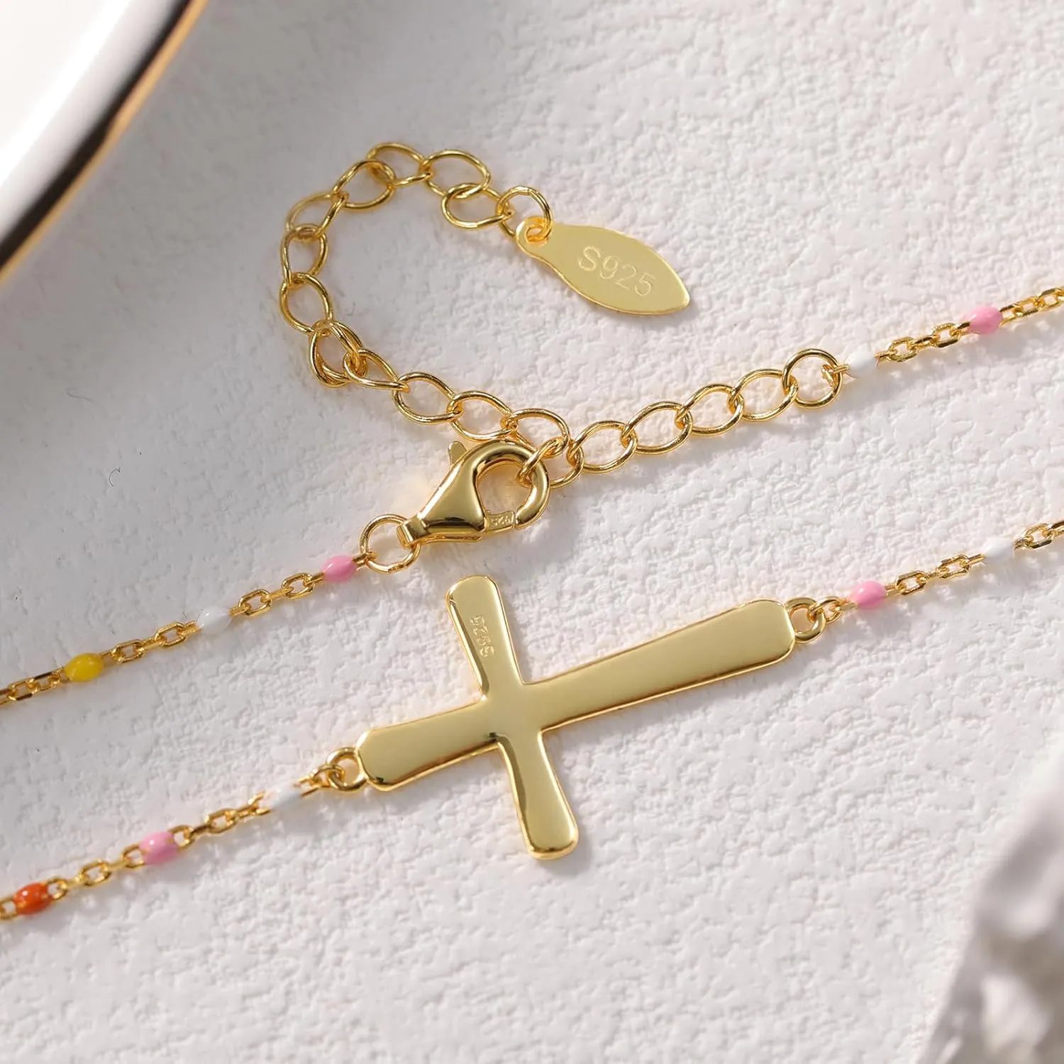 Cross Necklace for Women 18K Gold Sideways Cross Necklaces 925 Sterling Silver Colorful Enamel Beads Chain Dainty Tiny Faith Pendant Jewelry Mother's Day Gift