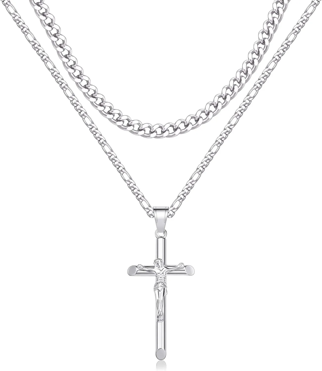 Cross Necklace for Women Men Stainless Steel Mens Cross Necklaces Gold Silver Jesus Cross Necklace Layered Cuban Figaro Chain Necklace Jewelry Gifts for Women Men
