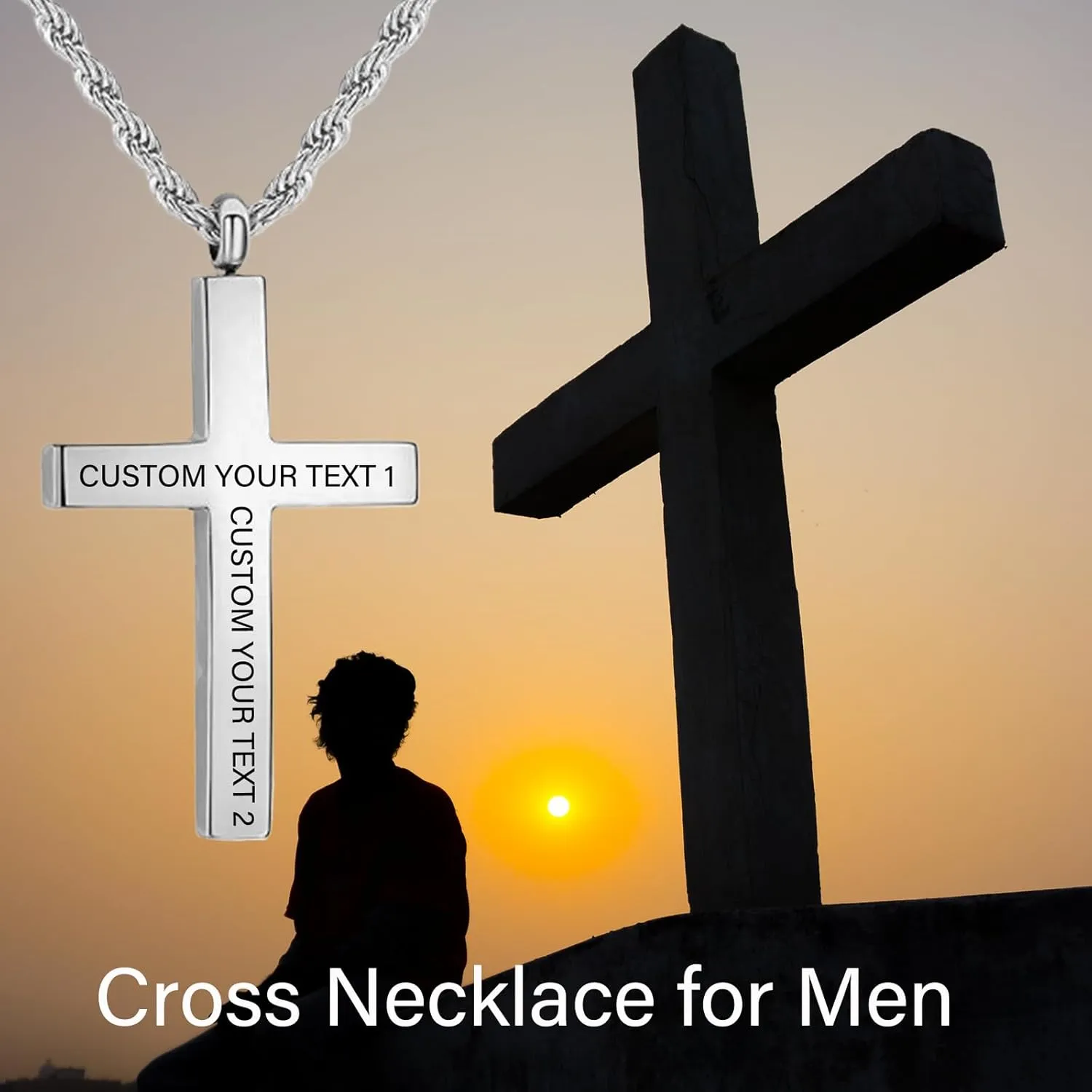 Custom Cross Necklace for Men 925 Sterling Silver or 9K 10K 14K 18K 24K Gold Cross Pendant Necklace Men's Personalized Name Cross Necklaces Birthday Valentines Customized Jewelry for Men
