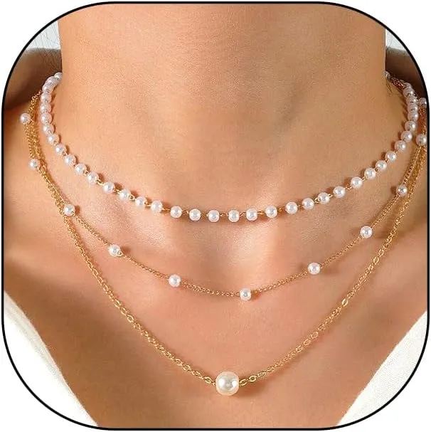 Dainty Gold Layered Pearl Necklace Set for Women,Boho Stackable Round Pearl Beaded Chain Choker Necklaces,Trendy Wedding Statement Jewelry Gifts