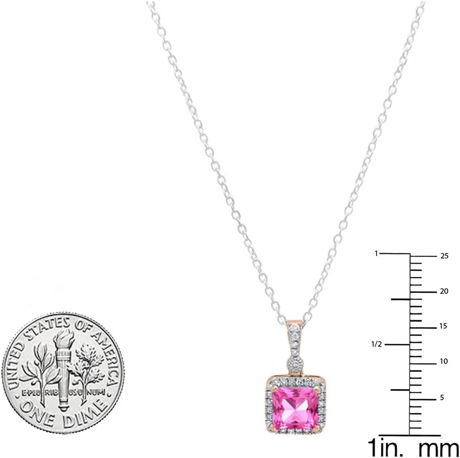 Dazzlingrock Collection 5mm Princess Lab Created Gemstone & Round Diamond Womens Halo Pendant, 14K Solid Rose Gold