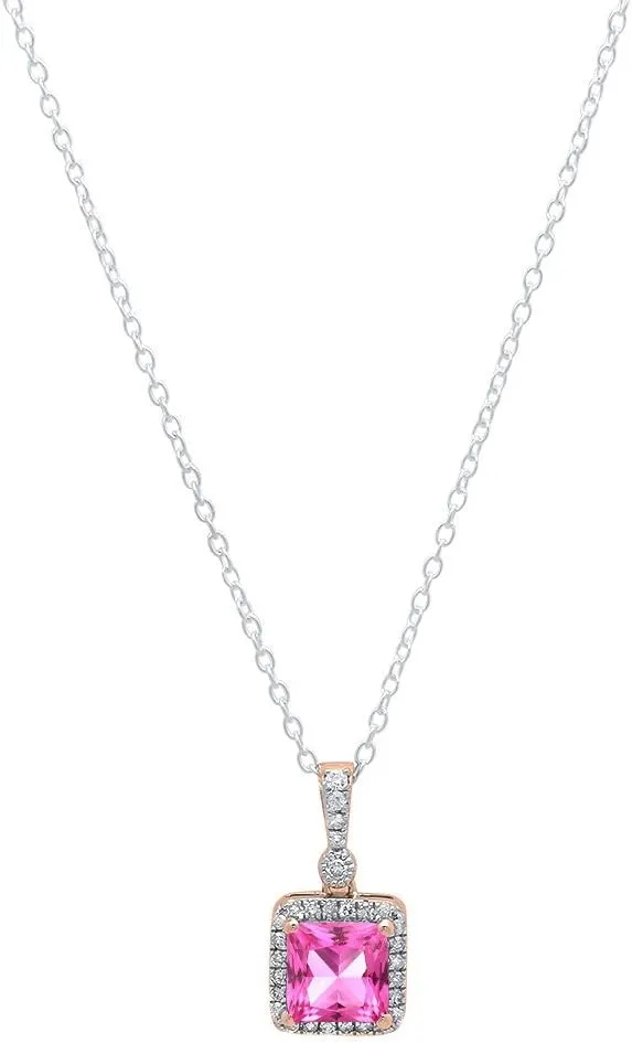 Dazzlingrock Collection 5mm Princess Lab Created Gemstone & Round Diamond Womens Halo Pendant, 14K Solid Rose Gold