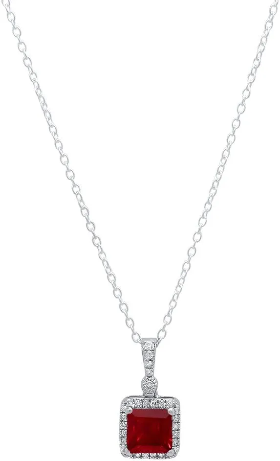 Dazzlingrock Collection 7mm Princess Lab Created Gemstone & Round Diamond Womens Halo Pendant, 14K Solid White Gold