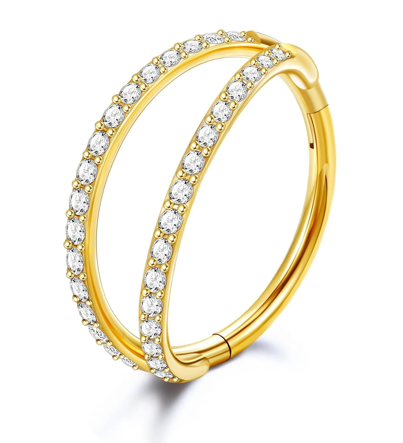 Double Hoop Nose Ring 316L Surgical Steel Nose Hoops 16G/18G Nose Piercing Jewelry Hinged Septum Clicker Lip Ring (16g(1.2mm)-8mm, Gold-CZ Double Nose Hoop)