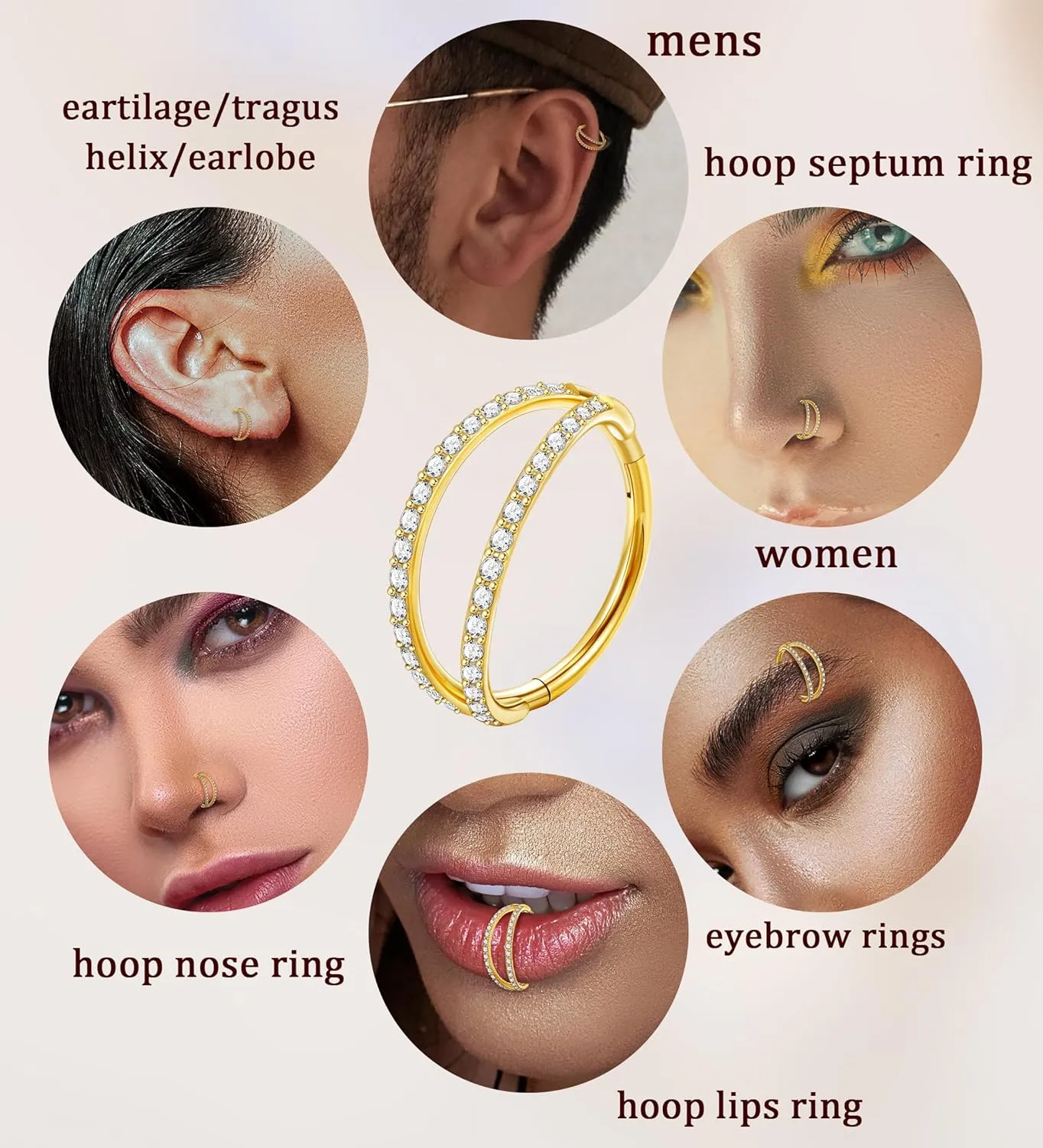 Double Hoop Nose Ring 316L Surgical Steel Nose Hoops 16G/18G Nose Piercing Jewelry Hinged Septum Clicker Lip Ring (16g(1.2mm)-8mm, Gold-CZ Double Nose Hoop)