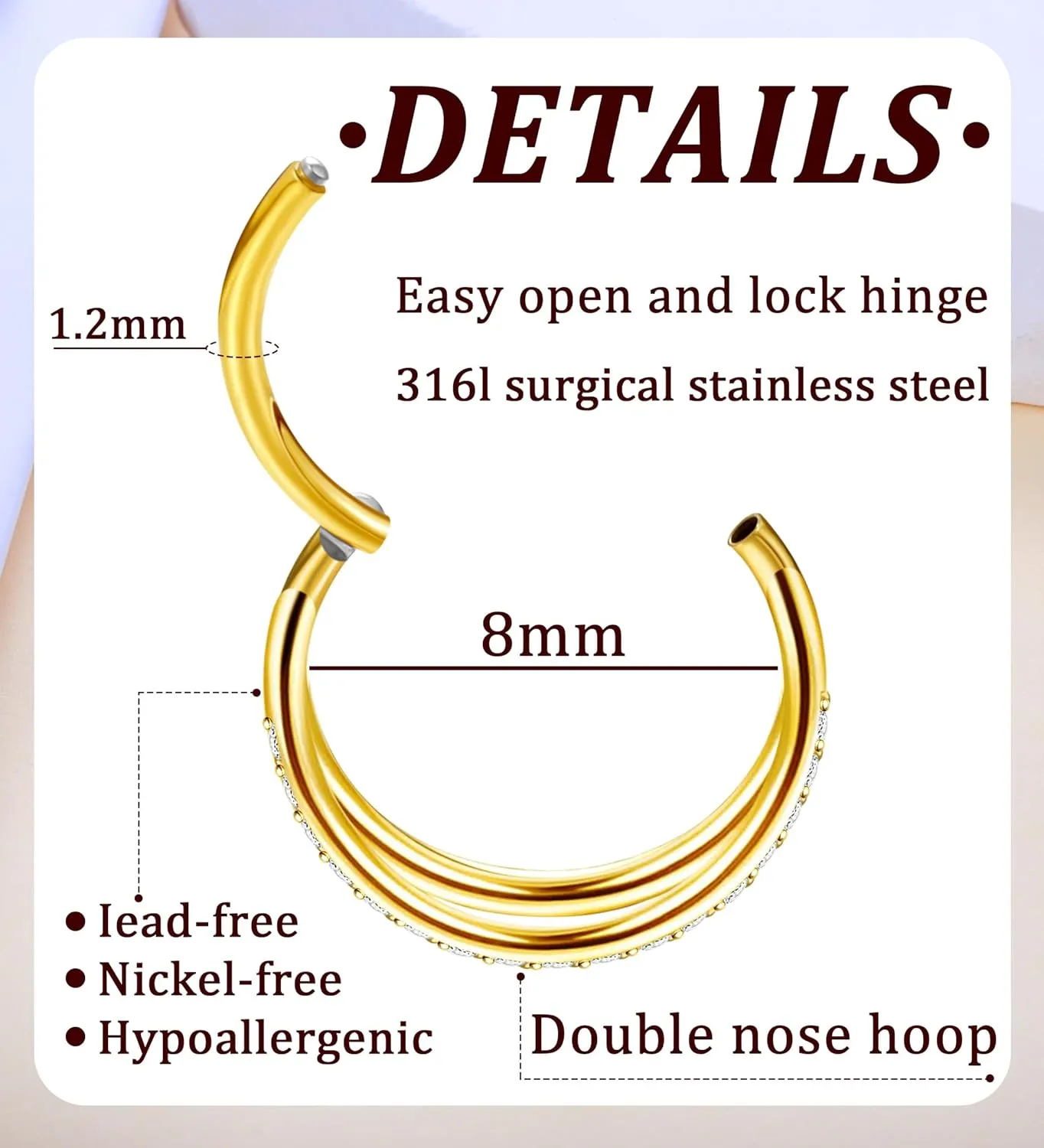 Double Hoop Nose Ring 316L Surgical Steel Nose Hoops 16G/18G Nose Piercing Jewelry Hinged Septum Clicker Lip Ring (16g(1.2mm)-8mm, Gold-CZ Double Nose Hoop)