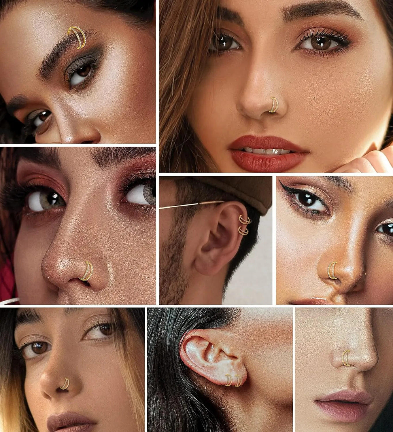 Double Hoop Nose Ring 316L Surgical Steel Nose Hoops 16G/18G Nose Piercing Jewelry Hinged Septum Clicker Lip Ring (16g(1.2mm)-8mm, Gold-CZ Double Nose Hoop)