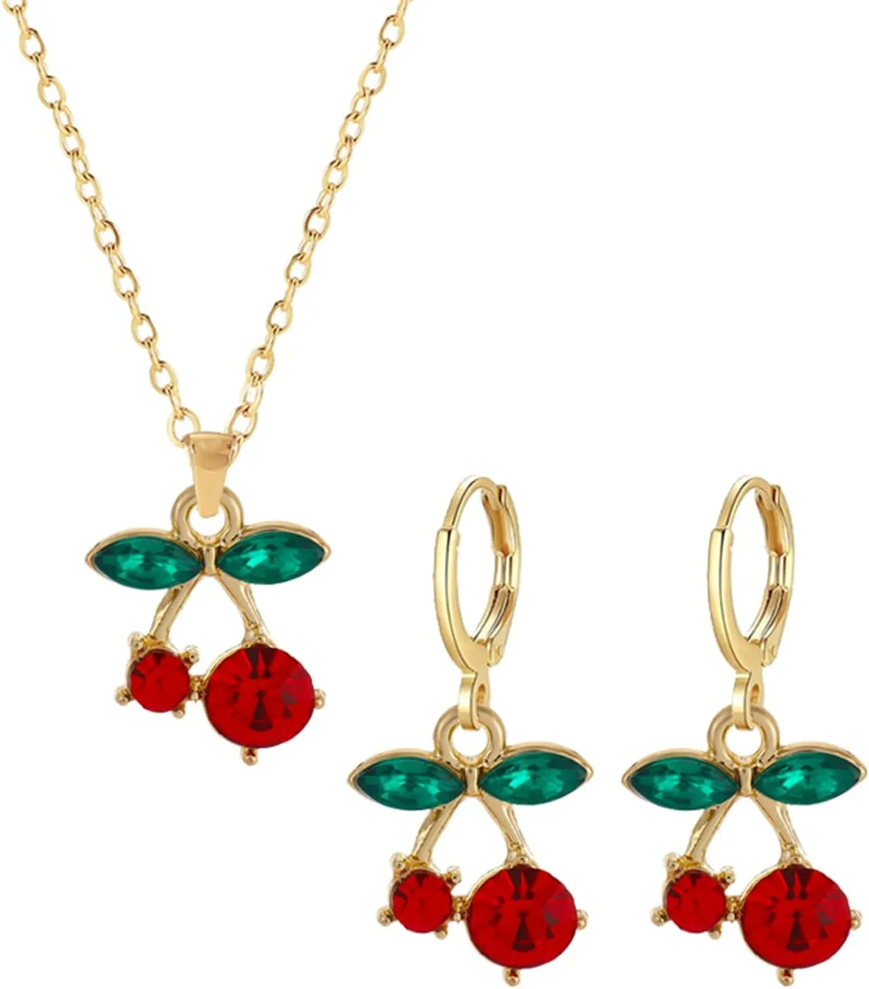Dreuyet Red Crystal Cherry Earrings Necklace Set for Women Personalized Creative Cherry Fruit Huggies Hoop Earring Pendant Necklace Cute Summer Tropical Fruit Green Leaf Charm Jewelry