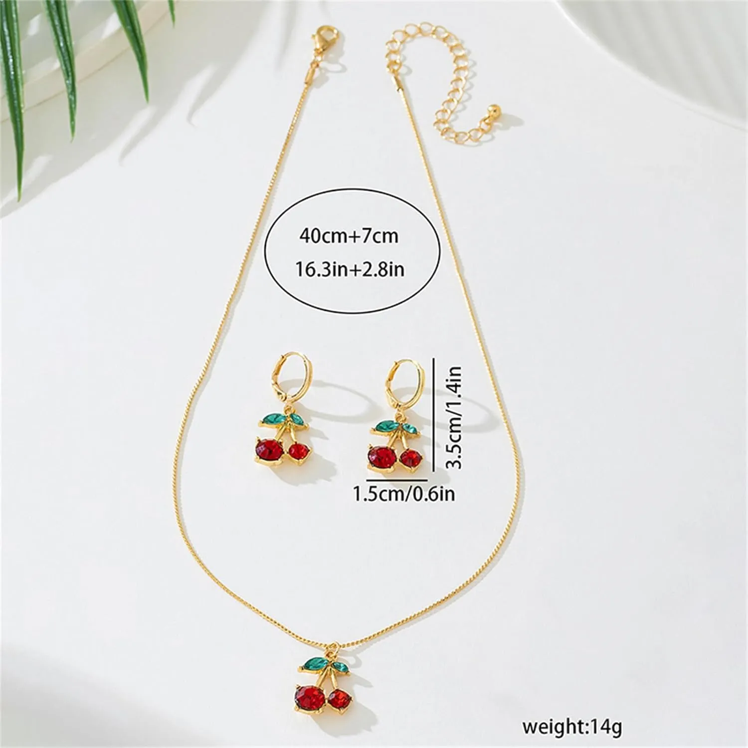 Dreuyet Red Crystal Cherry Earrings Necklace Set for Women Personalized Creative Cherry Fruit Huggies Hoop Earring Pendant Necklace Cute Summer Tropical Fruit Green Leaf Charm Jewelry