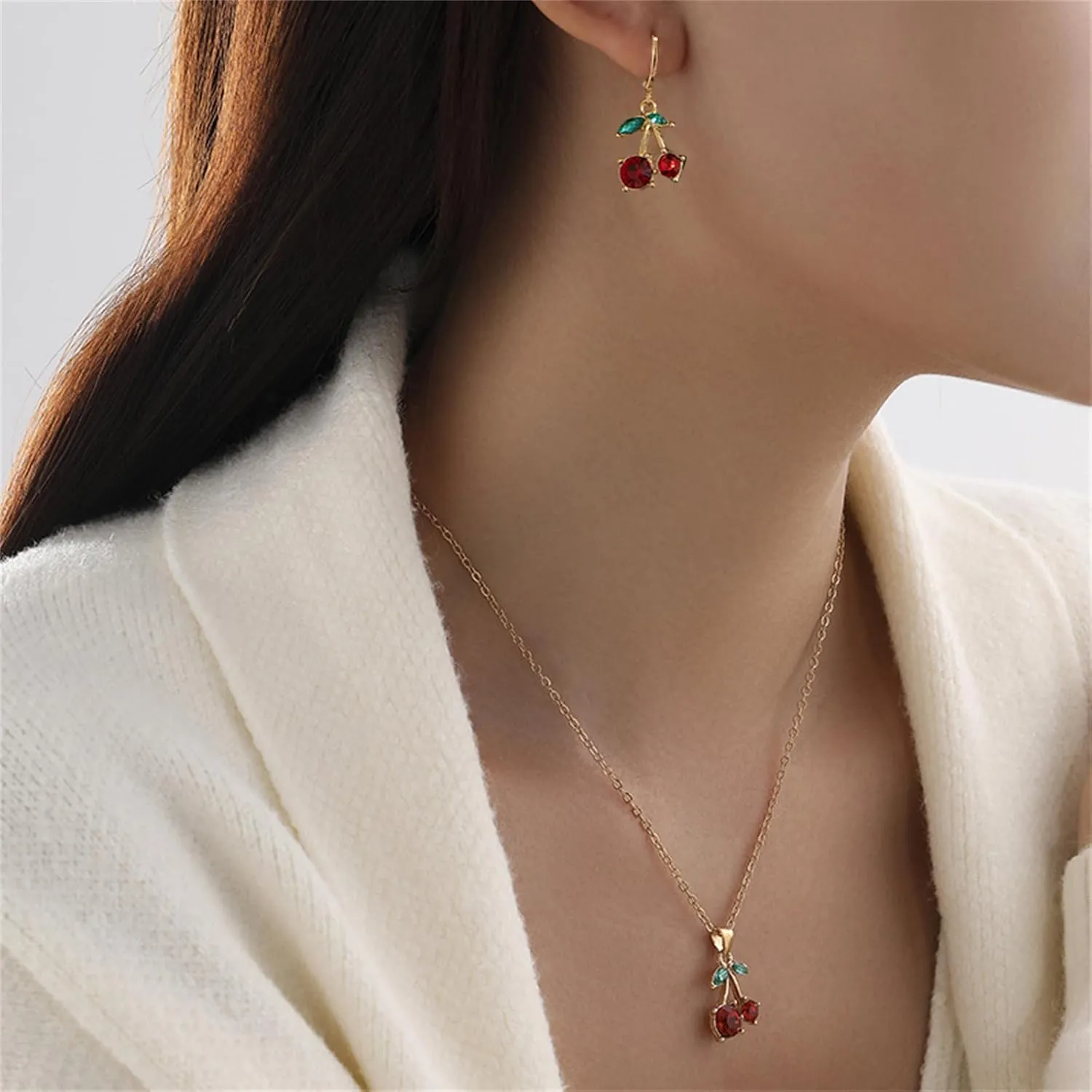Dreuyet Red Crystal Cherry Earrings Necklace Set for Women Personalized Creative Cherry Fruit Huggies Hoop Earring Pendant Necklace Cute Summer Tropical Fruit Green Leaf Charm Jewelry