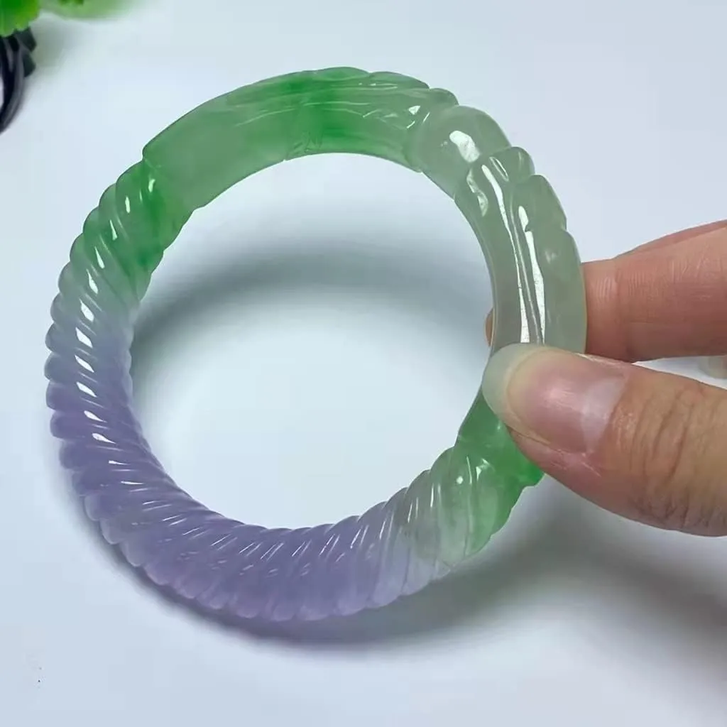 Emerald Bangles Class A High Ice Light Green Floating Purple Jade Bracelet Hand Carved Luck /1760 (Color : A, Size : 54-56mm)
