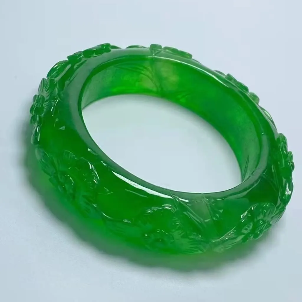 Emerald Bangles Green Jade Hand Carved Flowers Jade Bangle Jadeite Bangle Gives Jewelry Women Gifts Bangle /1822 (Color : A, Size : 57-58mm)