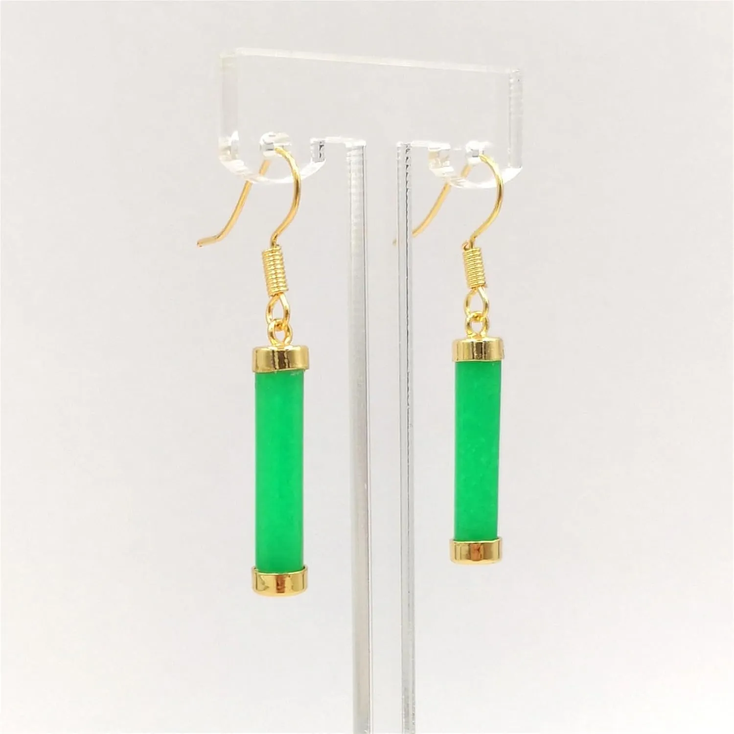Emerald Green Rectangular Simulated Jade Gold-Plated Silver Dangle Earrings, Jade Drop Earrings for Women
