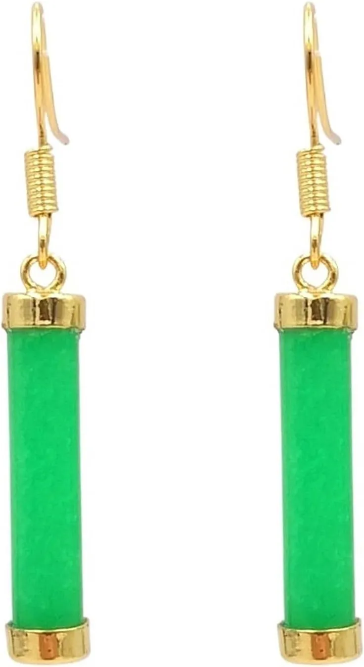Emerald Green Rectangular Simulated Jade Gold-Plated Silver Dangle Earrings, Jade Drop Earrings for Women