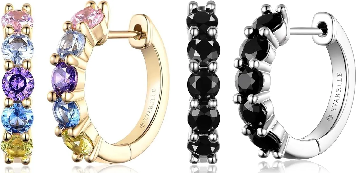 Evabelle 2 Pieces Gold Hoop Earrings for Women 14K Real Gold Plated Black Huggie Hoop Earring for Men Diamond Cut Cubic Zirconia Cuff Earrings s925 Sterling Silver Post Hypoallergenic