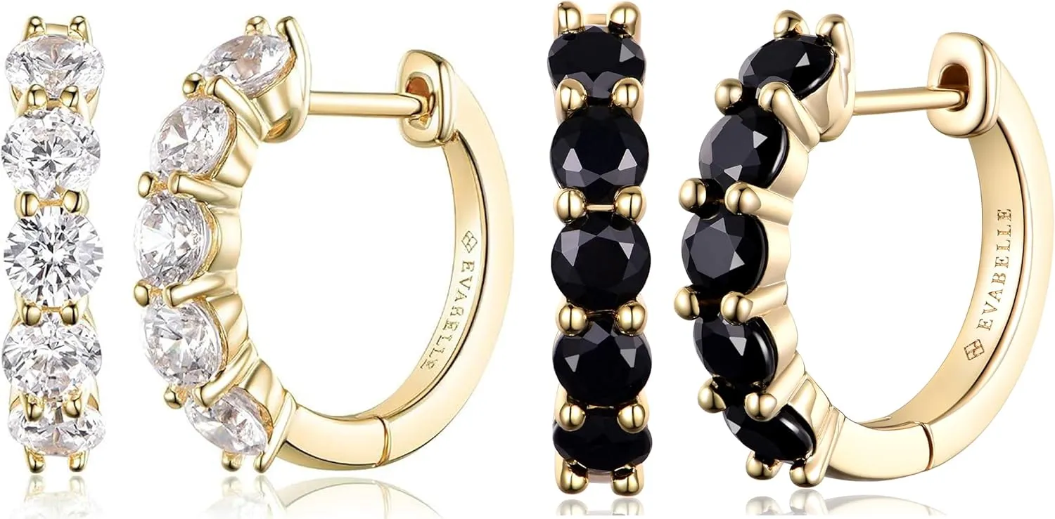 Evabelle 2 Pieces Gold Hoop Earrings for Women 14K Real Gold Plated Black Huggie Hoop Earring for Men Diamond Cut Cubic Zirconia Cuff Earrings s925 Sterling Silver Post Hypoallergenic