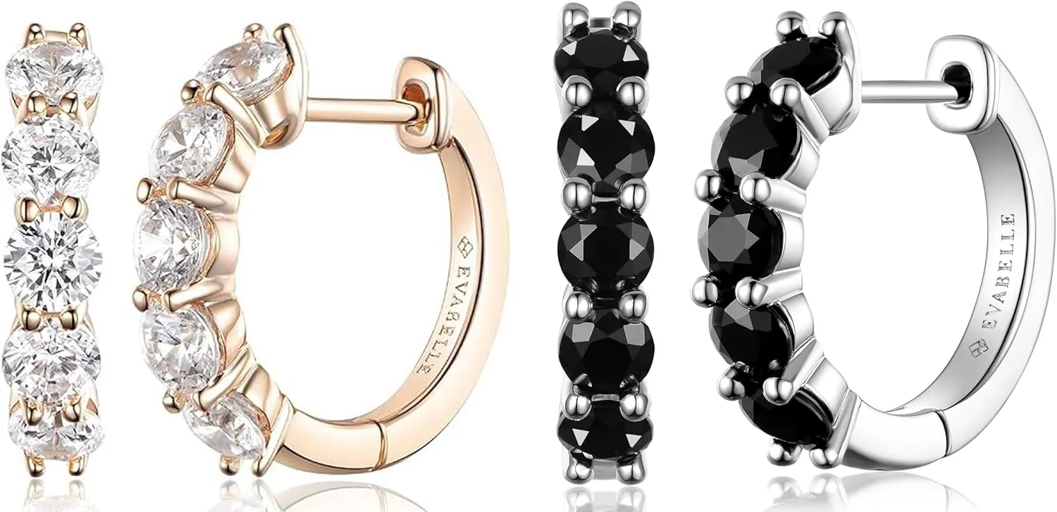 Evabelle 2 Pieces Rose Gold Hoop Earrings for Women 14K Rose Gold Plated Black Huggie Hoop Earring for Men Diamond Cut Cubic Zirconia Cuff Earrings s925 Sterling Silver Post Hypoallergenic