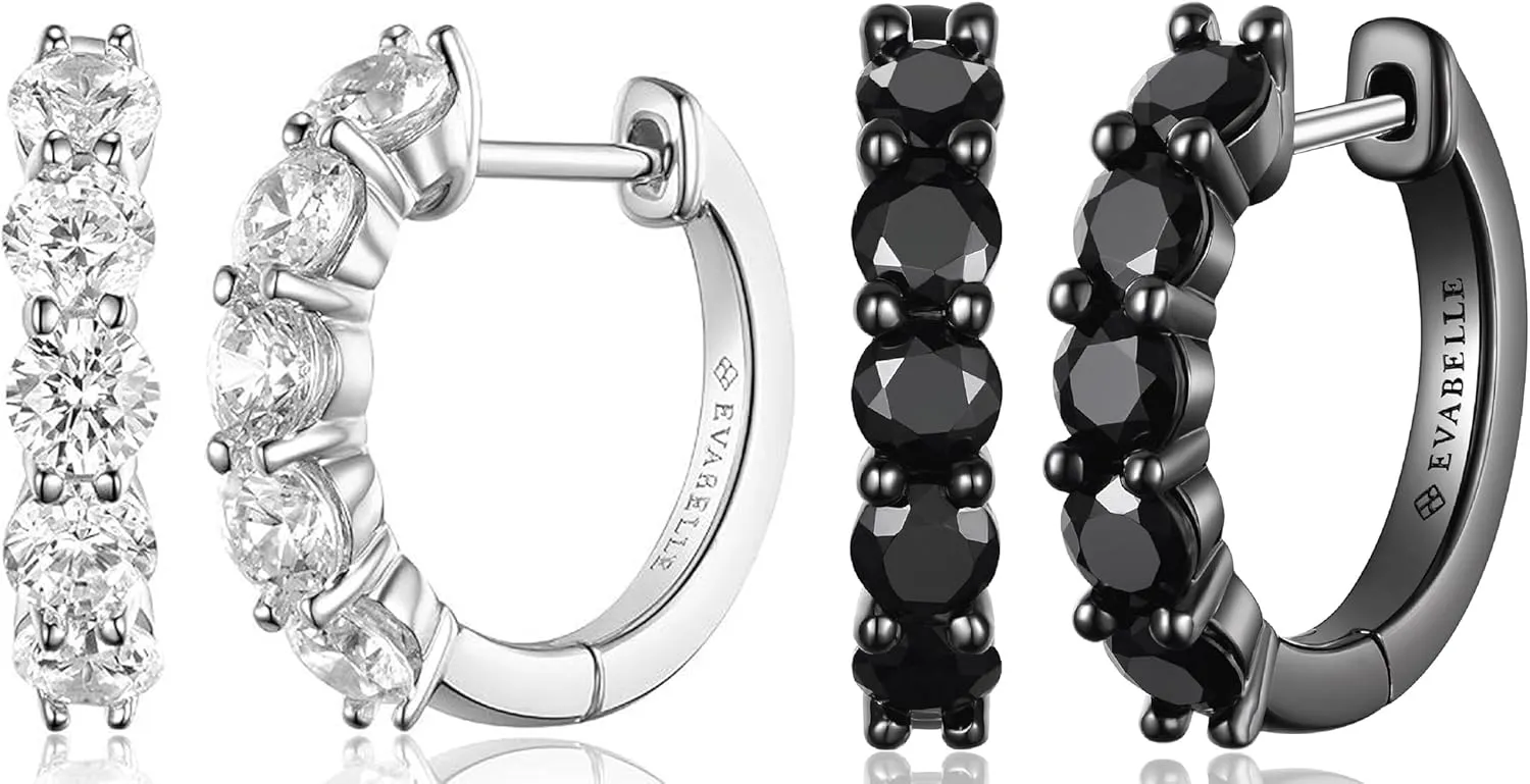 Evabelle 2 Pieces Silver Hoop Earrings for Women 18K White Gold Plated Black Huggie Hoop Earring for Men Diamond Cut Cubic Zirconia Cuff Earrings s925 Sterling Silver Post Hypoallergenic
