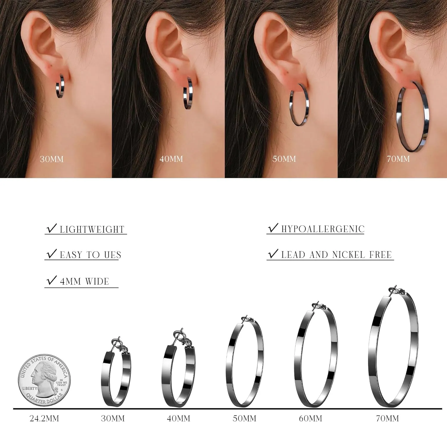 EXGOX Silver Hoop Earrings for Women - Sterling Silver & 14K Gold Plated - Hypoallergenic 925 Silver - Big Hoop Earrings (30/40/50/60/70mm)