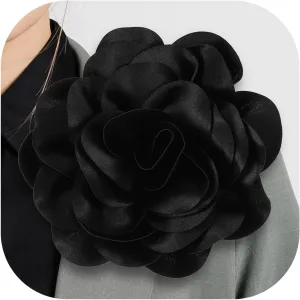 Extra Large Rose Flower Brooches Lapel Pins, Dainty Satin Fabric Camellia Flower Brooch Pin Big Elegant Black Corsage for Women Wedding Dance Banquet Hair Clothing Accessories, 7.48 Inches