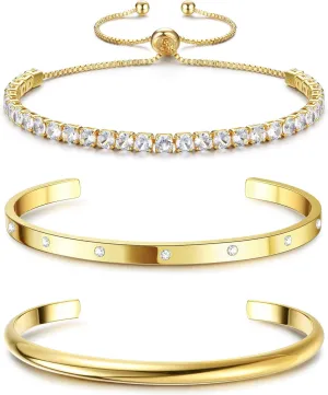 Fansilver 14K Gold Bracelets for Women Trendy Bangle Cuff Chain Bracelets Set Gold Plated Paperclip Bead Tennis Bracelet Chunky Gold Filled Bracelet Stack 3/4PCS