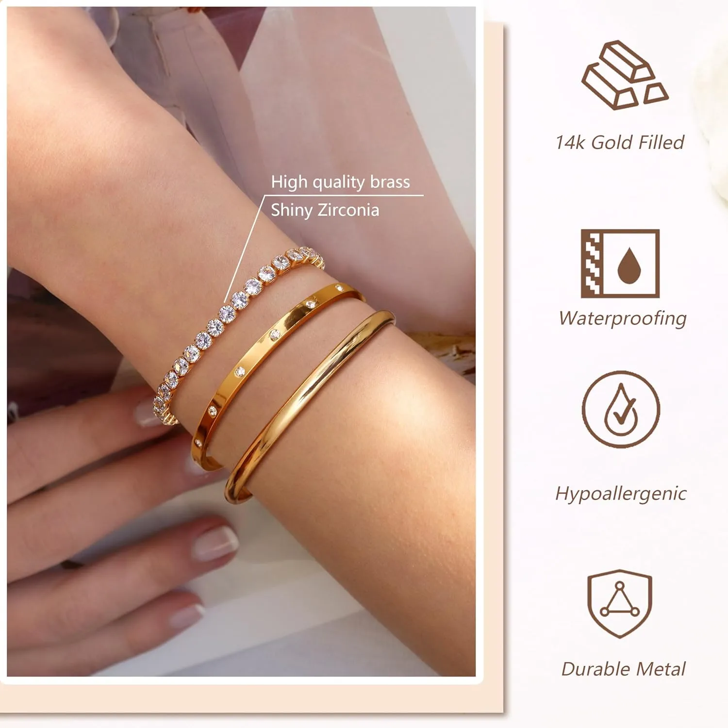 Fansilver 14K Gold Bracelets for Women Trendy Bangle Cuff Chain Bracelets Set Gold Plated Paperclip Bead Tennis Bracelet Chunky Gold Filled Bracelet Stack 3/4PCS