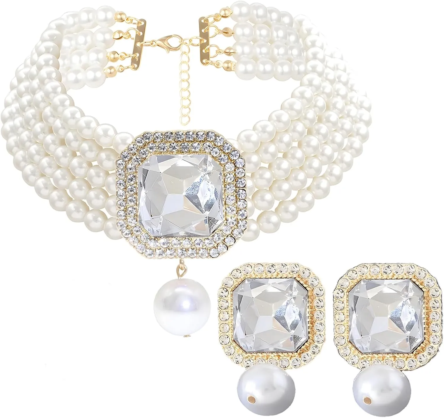 Faux Multi Pearl Necklace for Women Pearls Necklaces Bracelet and Earrings set for Wedding 1920s Costume Jewelry