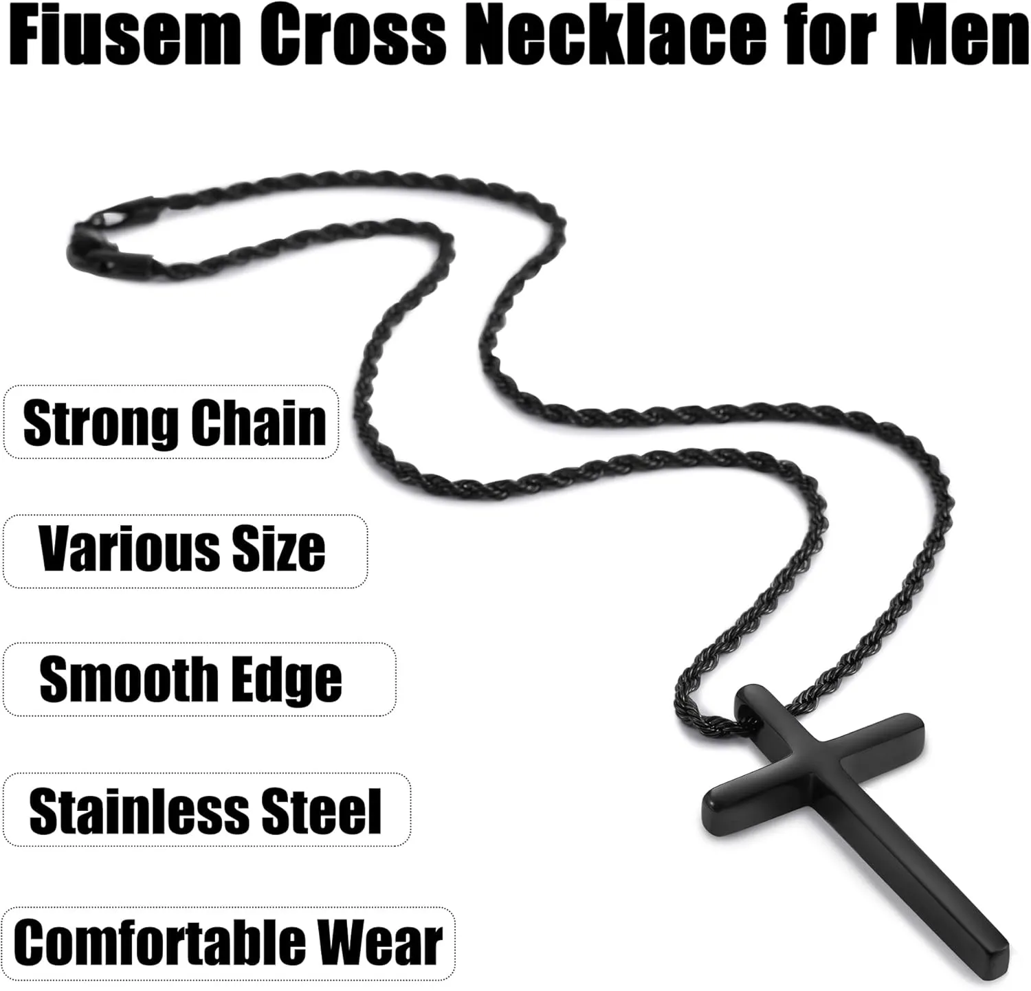 Fiusem Cross Necklace for Men, Mens Cross Necklaces with 2.5mm Rope Chain, Stainless Steel Pendant Chain 16-28 Inch, Jewelry Gift