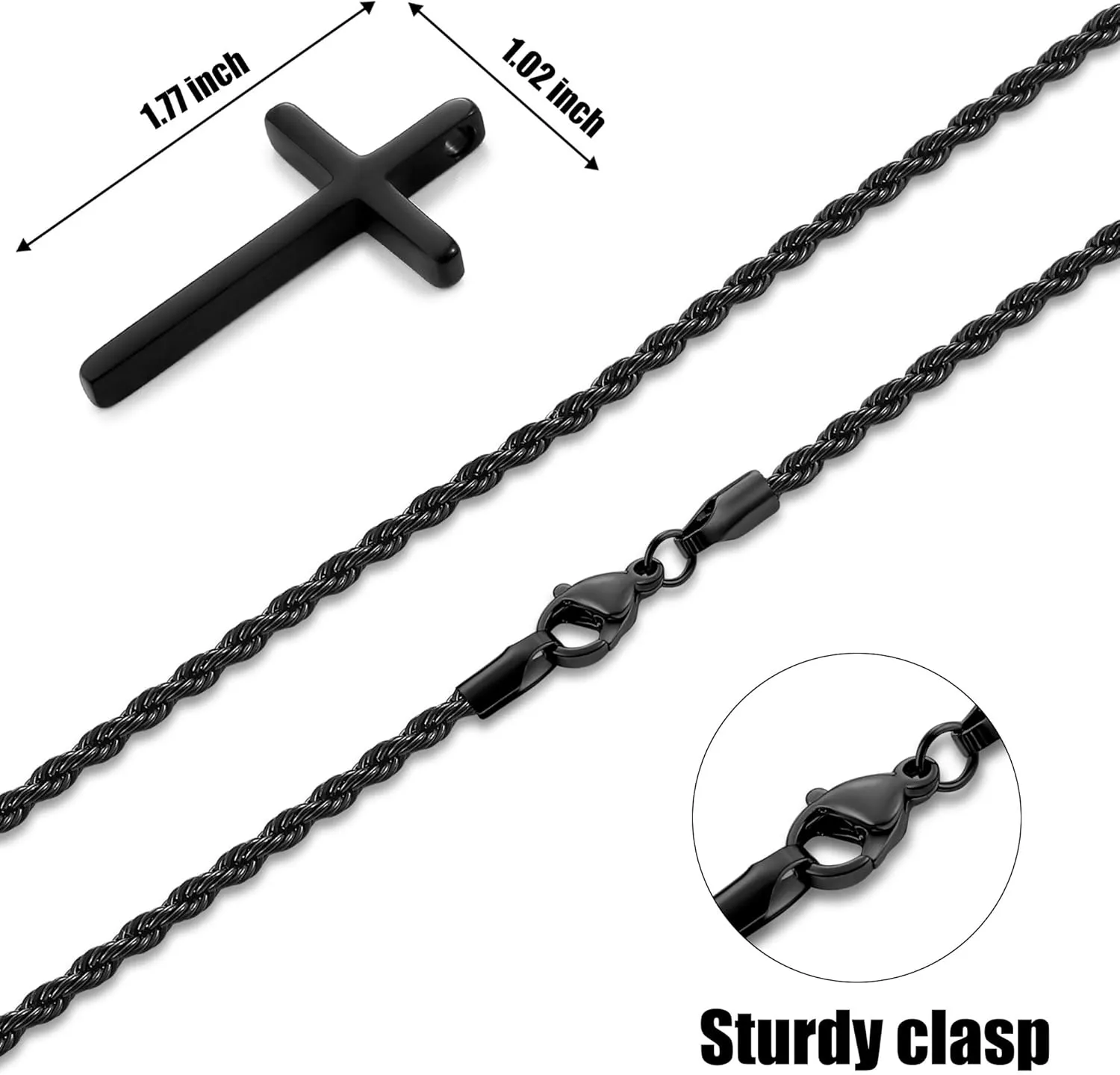Fiusem Cross Necklace for Men, Mens Cross Necklaces with 2.5mm Rope Chain, Stainless Steel Pendant Chain 16-28 Inch, Jewelry Gift