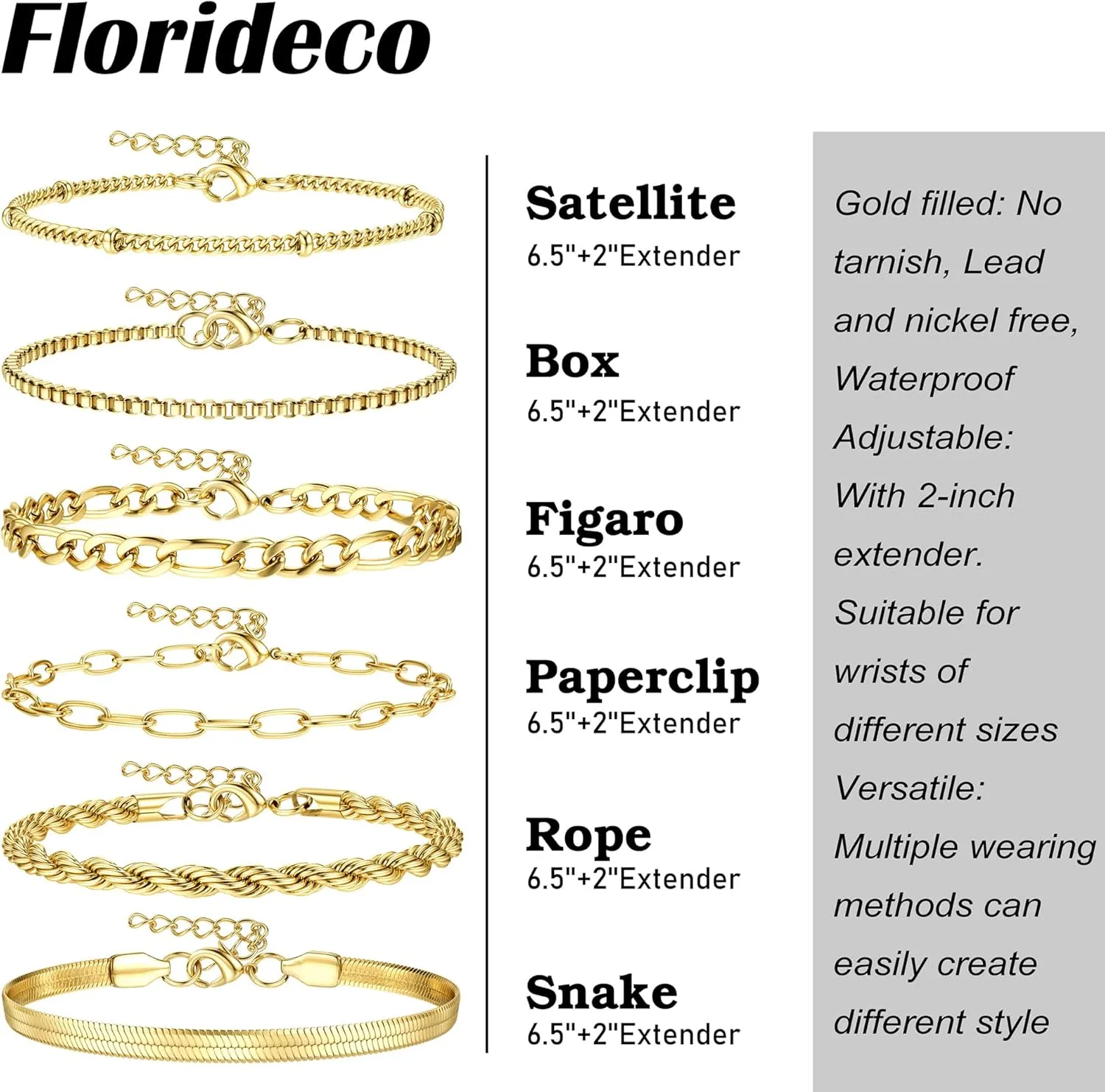 Florideco Gold Bracelets for Women Waterproof 14K Gold Plated Bracelet Stack Set Non Tarnish Trendy Thin Dainty Stackable Cuban Link Paperclip Chain Bracelet Pack Fashion Cute Jewelry Set