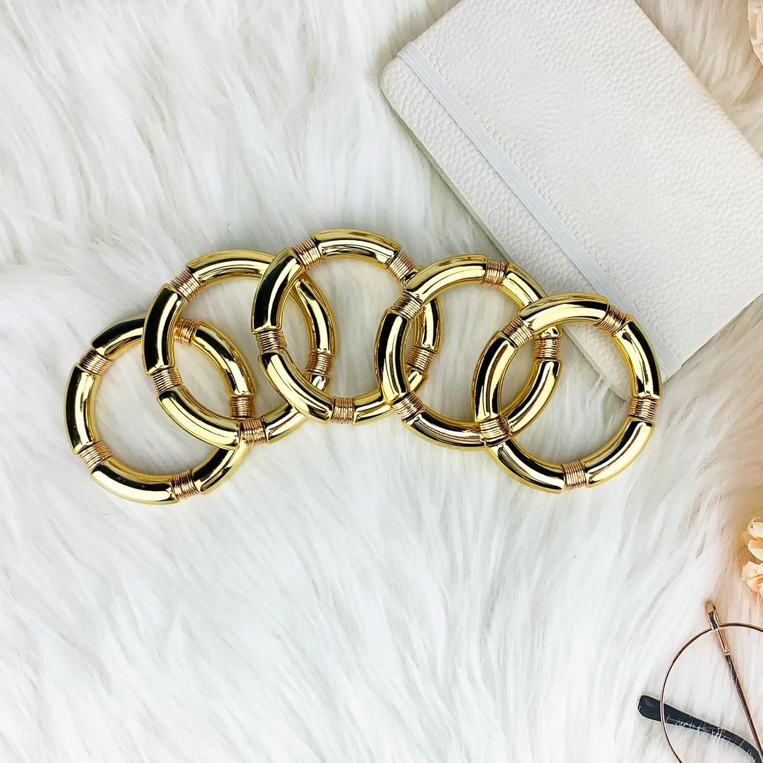 FUNOJOY Summer Bangles Bracelets for Women Chunky Curved Stackable Bracelets Acrylic Beaded Stretch Bracelets for Teen Girls Gift