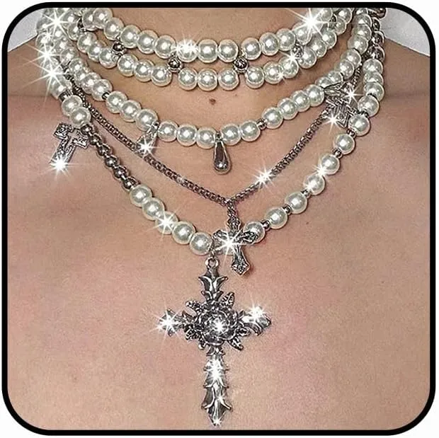 Gangel Pearl Strand Necklace for Women Layered Pearls Necklaces Gothic Cross Choker Costume Party Jewelry