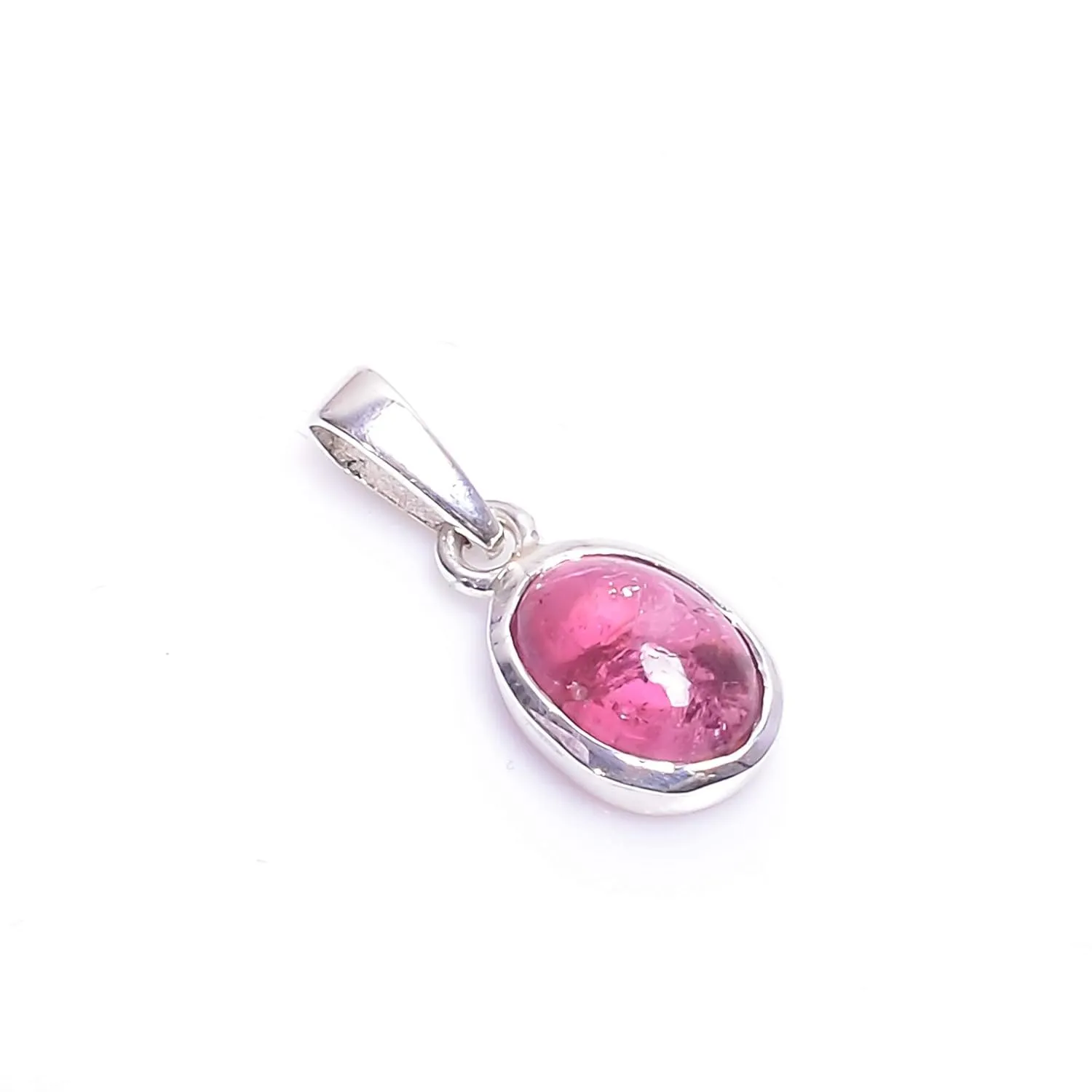 GEMKORA? Natural Pink Tourmaline Cabochon Gemstone Crystals Ethnic Tiny Dainty Bezel Pendant Necklace, Healing Gemstones, Birthstone, 925 Sterling Silver Jewelry 18 inch, Pendants for Women