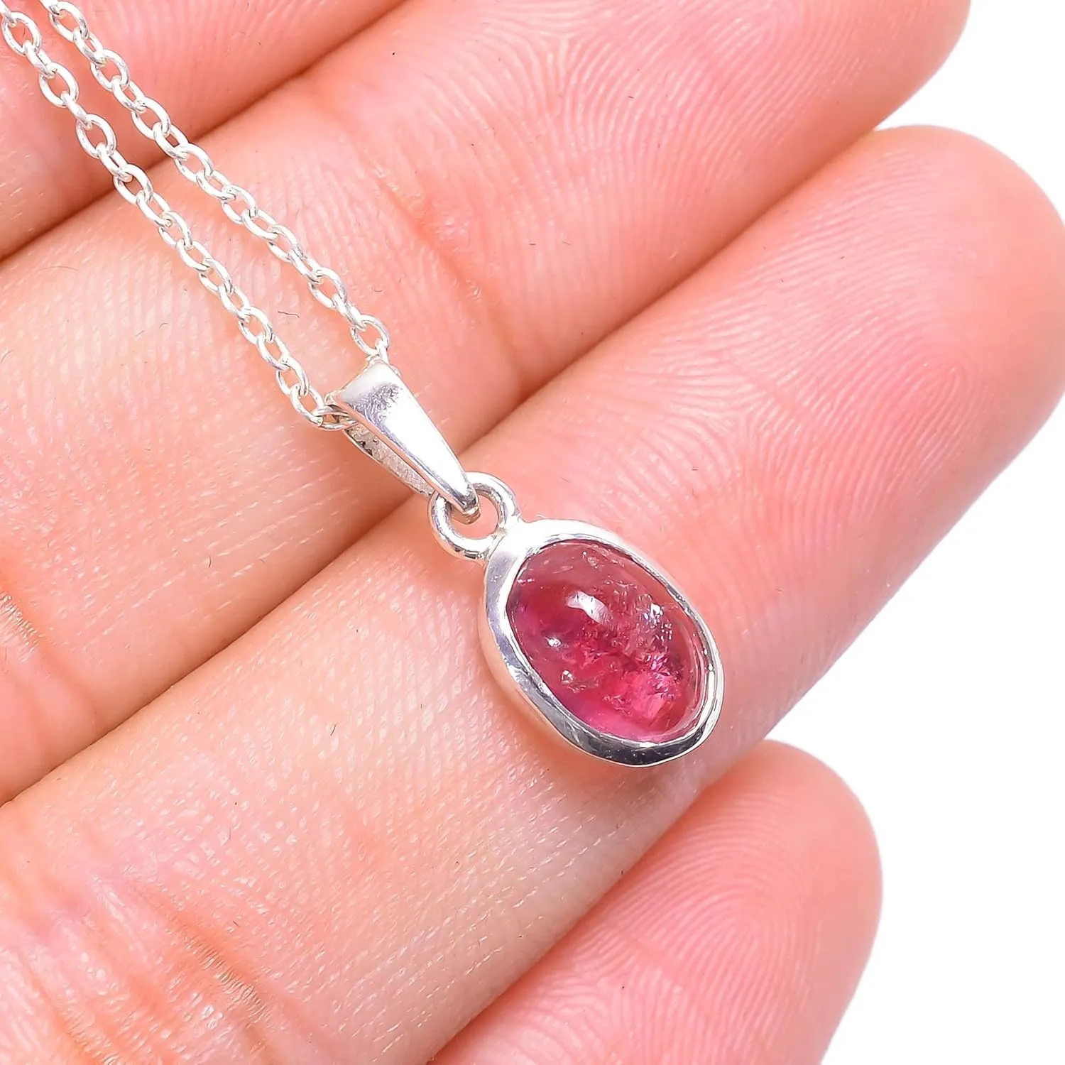 GEMKORA? Natural Pink Tourmaline Cabochon Gemstone Crystals Ethnic Tiny Dainty Bezel Pendant Necklace, Healing Gemstones, Birthstone, 925 Sterling Silver Jewelry 18 inch, Pendants for Women